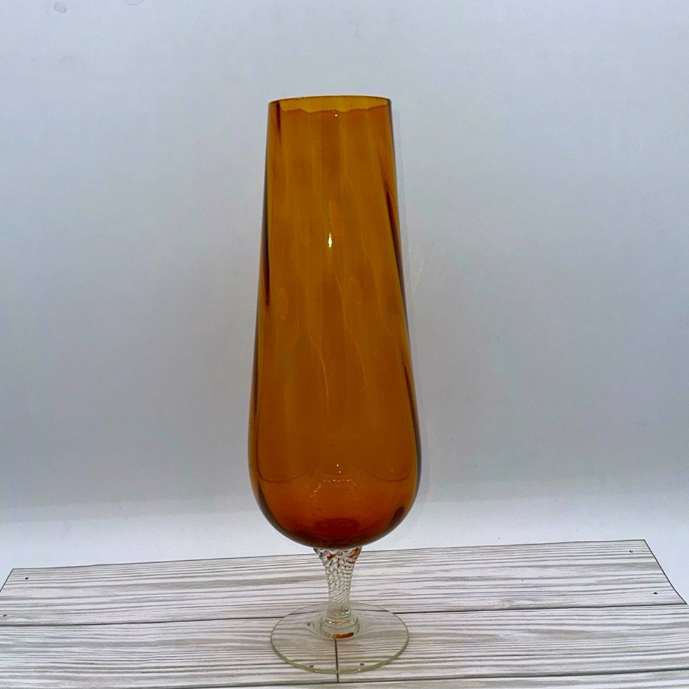 Vintage Italian Empoli Amber Glass Ribbed Swirl Vase on Twisted Glass Stem 11”